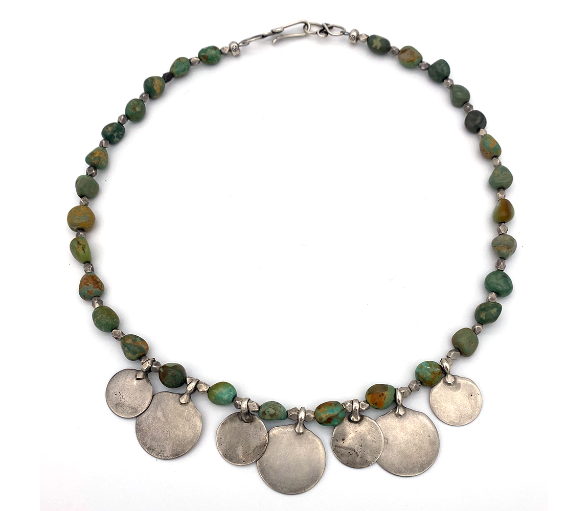 Danielle Carbone Mexican Turquoise Hill Tribe Sterling Silver and Seven Antique Indian Coins Necklace